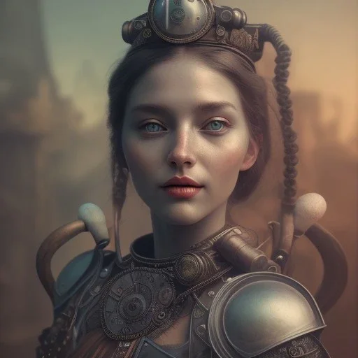 a cute smiling girl with her husband in medieval armor with a tattoo in her face, michelangelo style, steam punk, scary, horror, realistic, made in octane, cinematic, ultra-realistic, extremely detailed octane rendering, 8K, VRAY Super Real ar 2:3, dof photorealistic futuristic 50mm lens hard lighting dark gray tintype photograph, realistic lighting, sephia colors