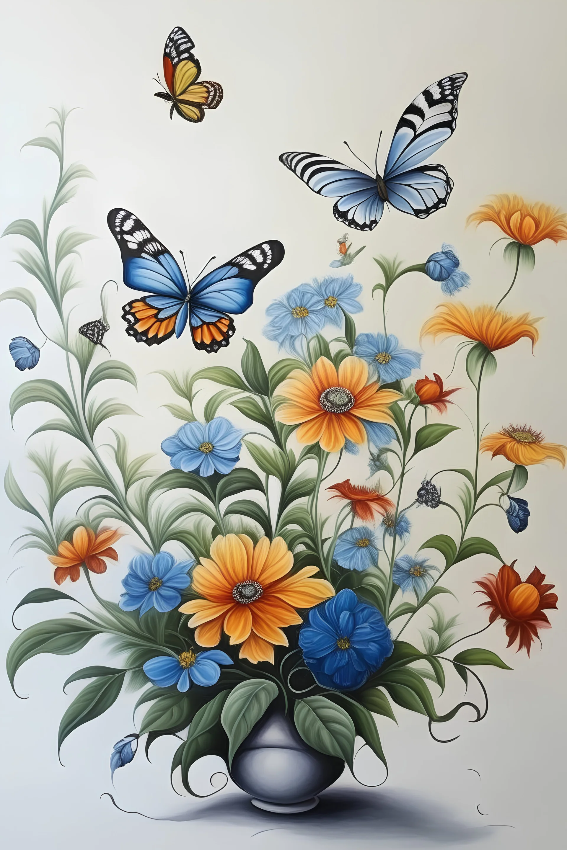 painting of 1 flower plant going up with butterflies around it in the very center back ground white