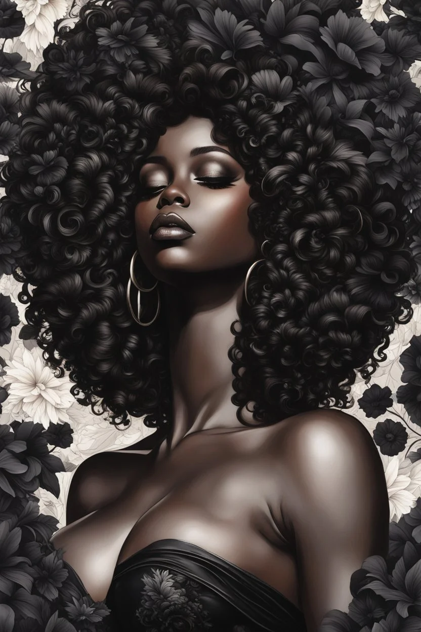 Create an urban art drawing image of a curvy size black female wearing a black off the shoulder blouse and she is looking down with Prominent makeup. Highly detailed tightly curly black afro. Background of large black flowers surrounding her