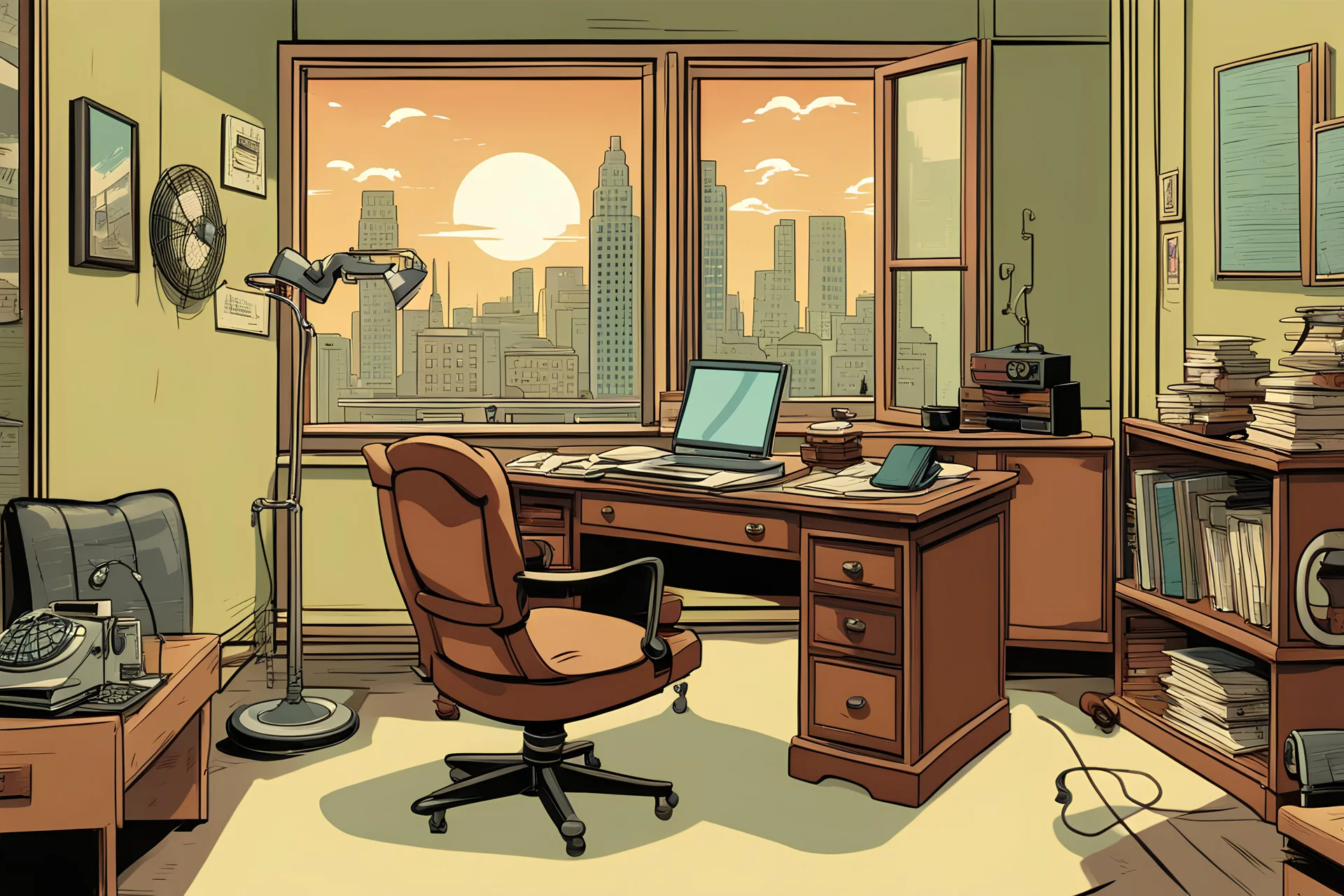 private eye office, desk and chair, window with city view, retro cartoon, old colors, books, fan and phone on desk, 50's