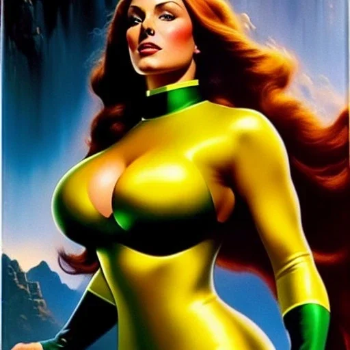 portrait oil on canvas, beautiful busty Jean Grey,green eyes, ,minimal armor,comic book cover, mystical colors,insanely detailed,realistic,intrincate detail, 16k resolution, masterpiece,Frank Frazetta,Alex Horley, Simon Bisley