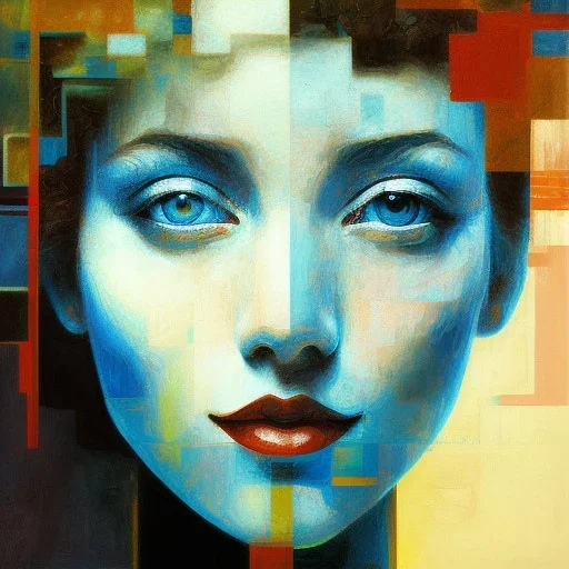 abstract painting, by mondrian, maayan jinich, green eyes, perfect face, high detail, in western town