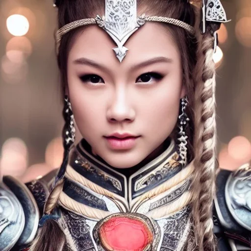 beautiful young asian queen with white armor, delicate white braided hair with ponytail, glass eyes, highly detailed, 8k, ambient light, taylor swift