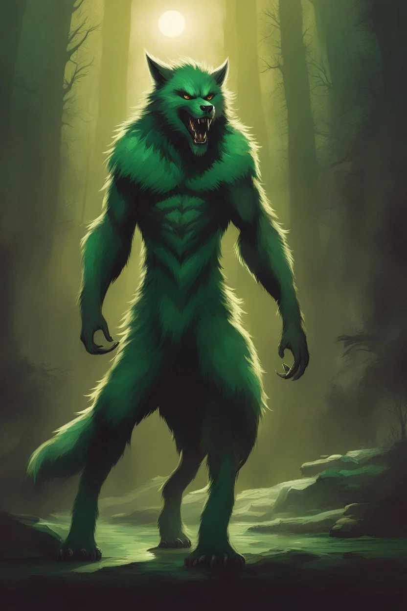 concept art of a werewolf with green fur, digital artwork, illustrative, painterly, matte painting, highly detailed, cinematic composition
