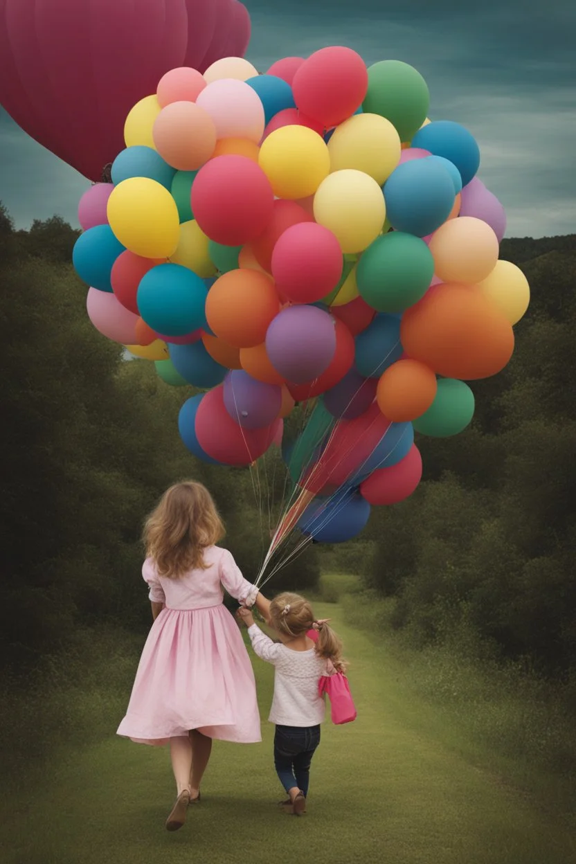 Carry a little girl home my trusted balloons, colorful, surrealism