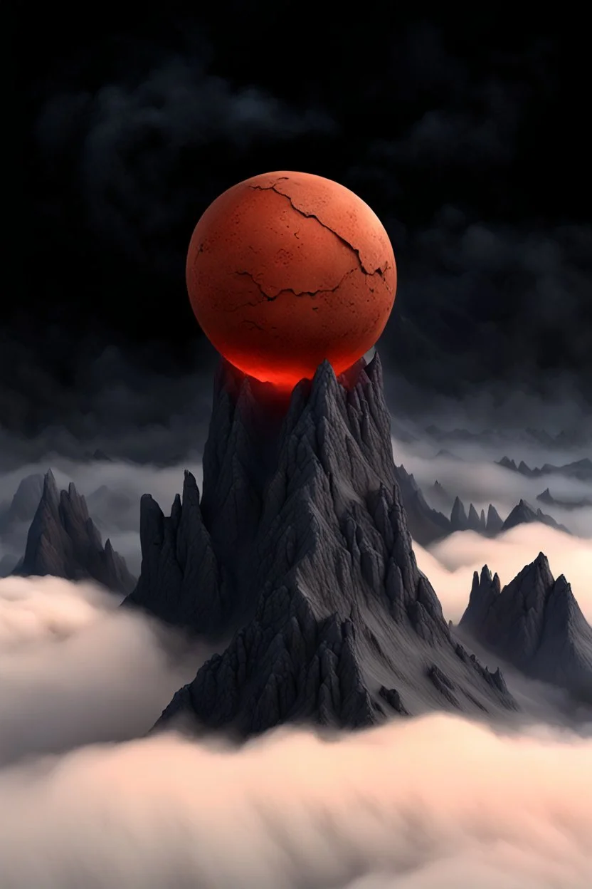 a mountain rises out of the mist into the night sky. at the peak, a dull clay ball is cracked in two by the sharp rocks, insides flowing down the mountainside. cinematic lighting, realism,HD, jordan grimmer, artstation, grim mood, from below camera angle. a masterpiece, 8k resolution, dark fantasy concept art, by Greg Rutkowski, dynamic lighting, hyperdetailed, intricately detailed, Splash screen art, trending on Artstation, deep color, Unreal Engine, volumetric lighting,
