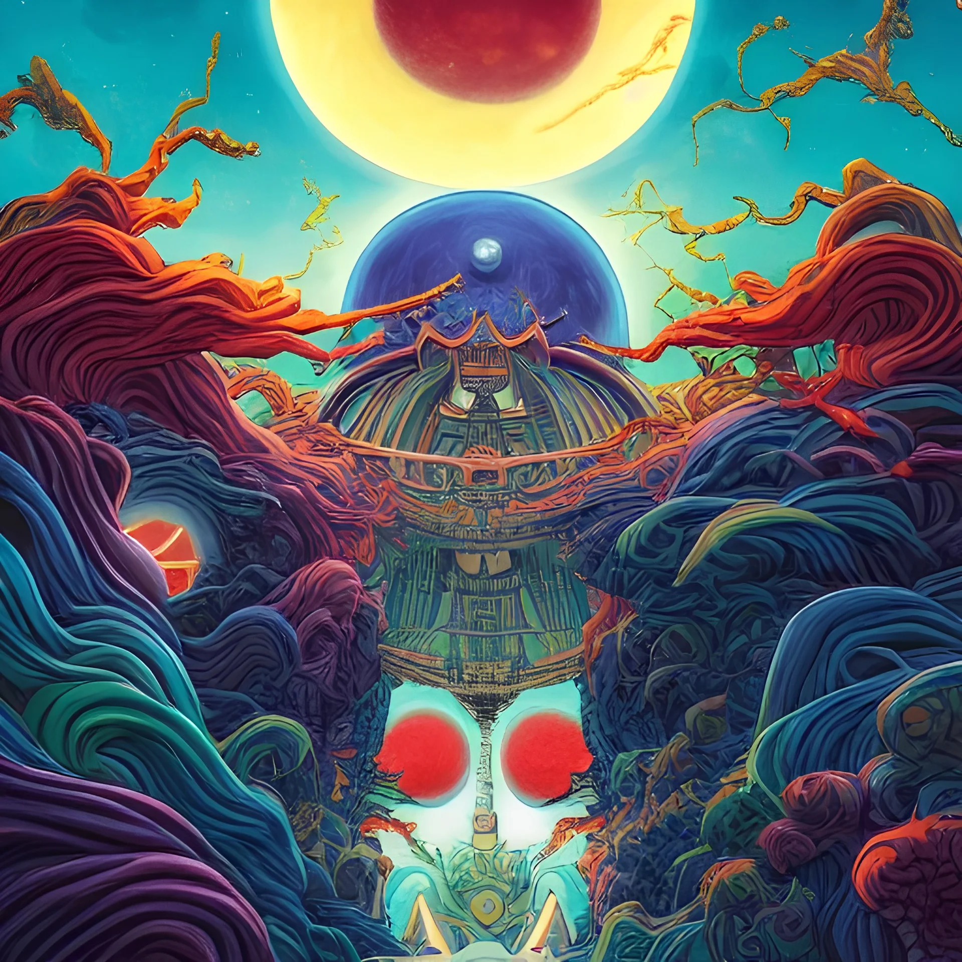 Night and day at the same time. Sun and moon. Epic structure. by Dr Seuss: Japanese Art: James Jean: Erin Hanson: Dan Mumford: professional photography, natural lighting, volumetric lighting maximalist photoillustration 8k resolution concept art intricately detailed, complex, elegant, expansive, fantastical