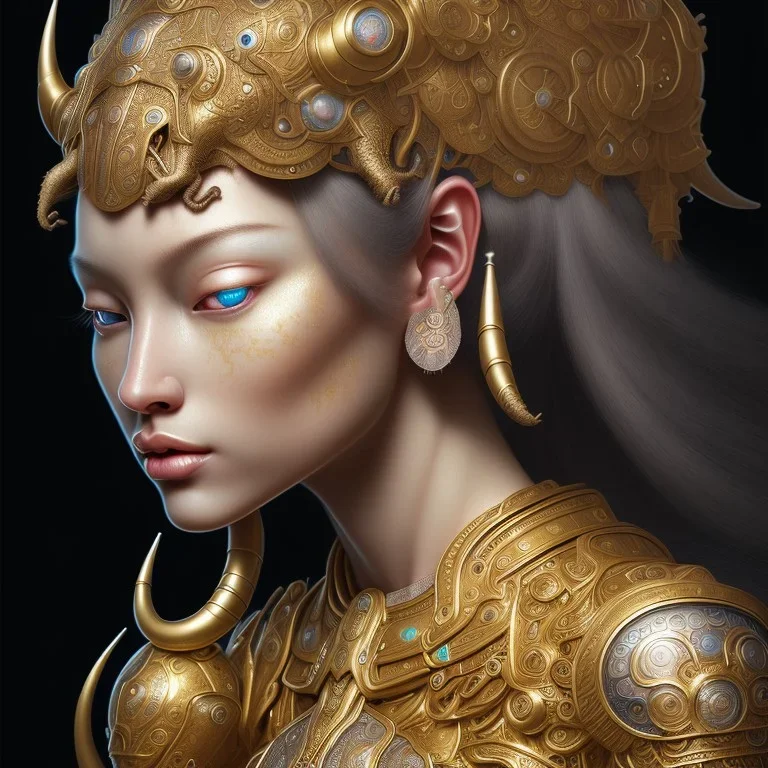 Sango fantasy, fantasy magic, intricate, sharp focus, illustration, highly detailed, digital painting, concept art, matte, art germ and Paul Lewin and Kehinde Wiley, masterpiece silver elephant head bronze Buddha Asian African girl nice breast Hawaiian hair turquoise golden waves