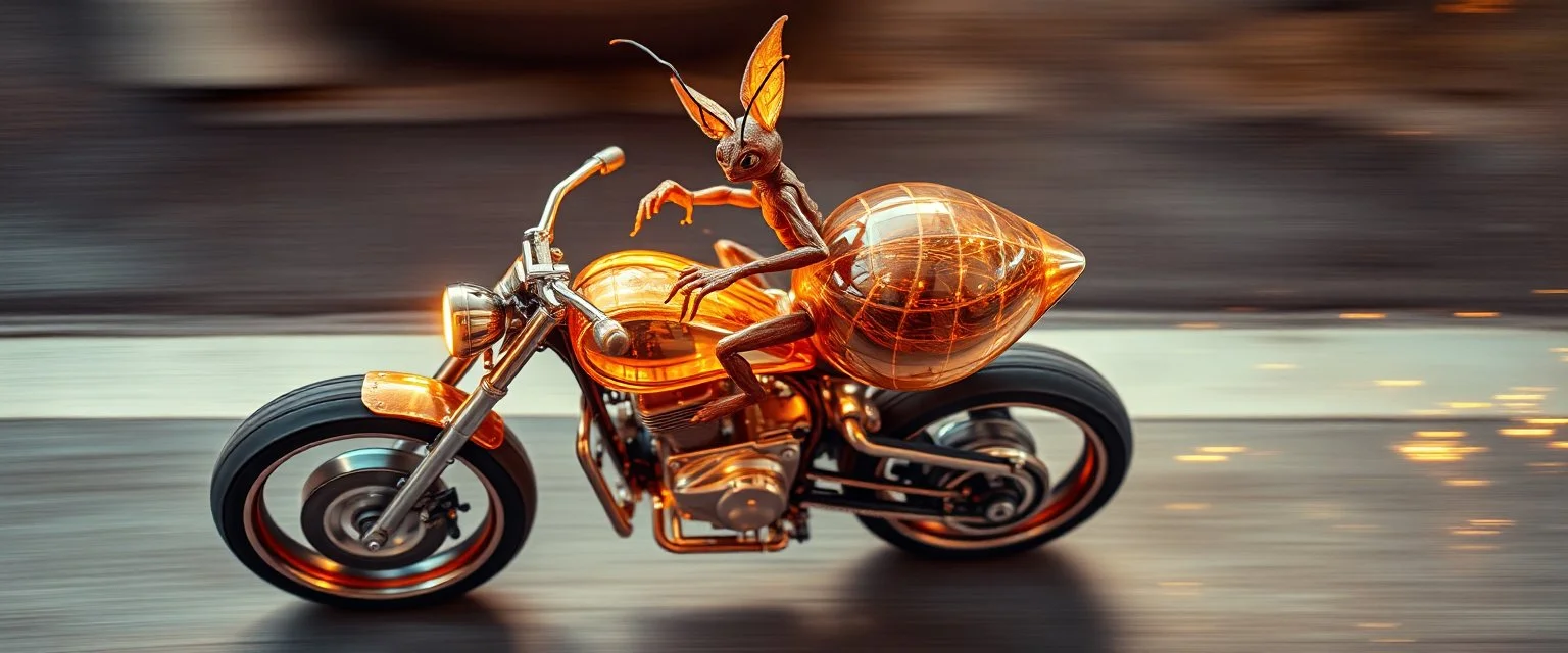 sparks blazing, seen from above, tattoo style, motion blur, airbrush art, transparent giger ant gremlin predator riding hands on an awesome roadster bike with wheels, spaceship in copper, fast one in the shape of a transparent snail , now its gonna do an awesome gig , bokeh like f/0.8, tilt-shift lens 8k, high detail, smooth render, down-light, unreal engine, prize winning
