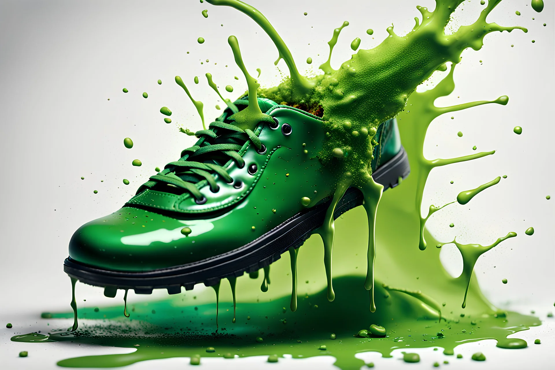 close-up of a shoe smashing a beetle. bright green juice oozing from the beetle. Cute, funny cannabis art