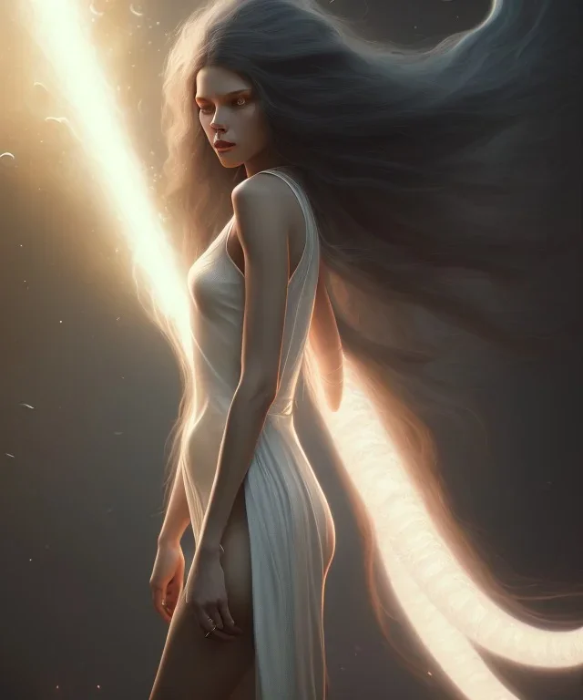 Holy Virgin, celestial light, beautiful, long fabric dress, beautiful long black hair to the waist, snake around body, head and shoulders portrait, 8k resolution concept art portrait by Greg Rutkowski, Unreal Engine 5 volumetric lighting