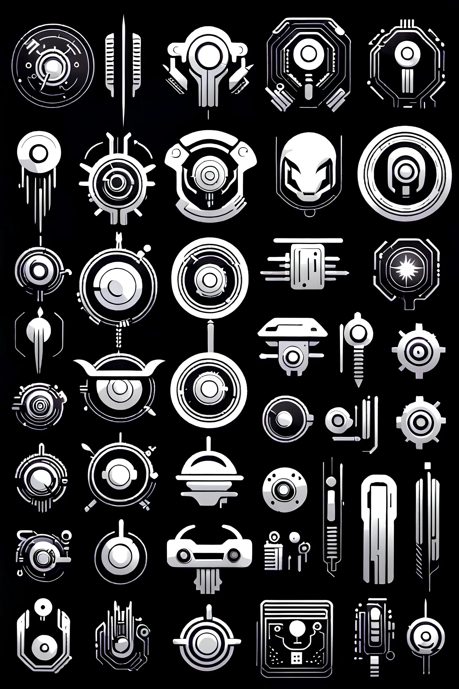 vector monochromatic science-fiction techno cyberpunk icons and symbols in white color displayed on the black background