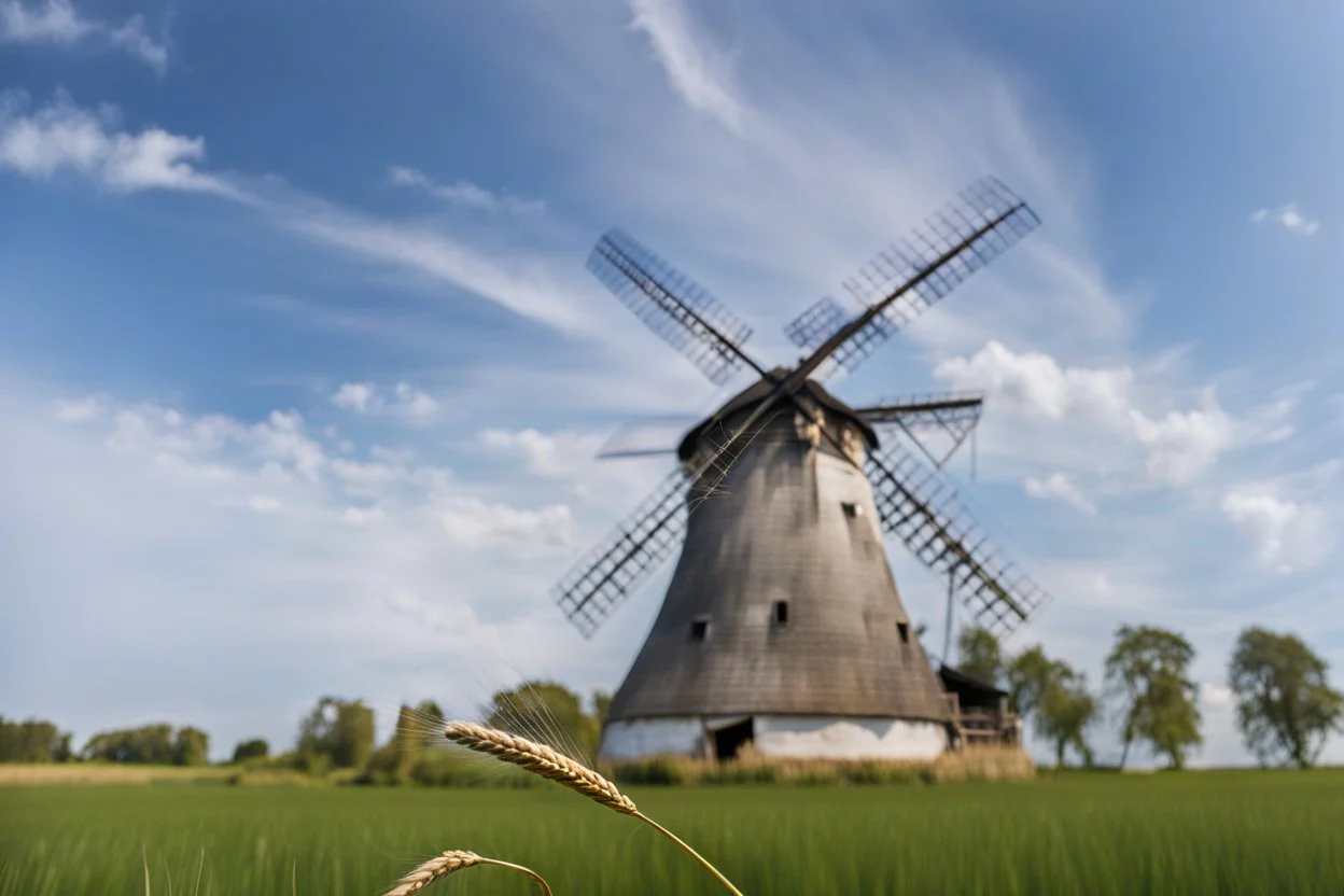 wide angle shot of golden wheat field next to river ,a watermill on river, a beautiful girl in pretty long dress walking in