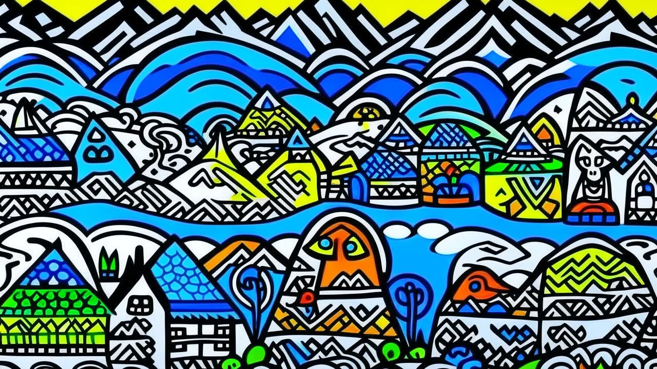 An indigo Viking village near a peak painted by Keith Haring