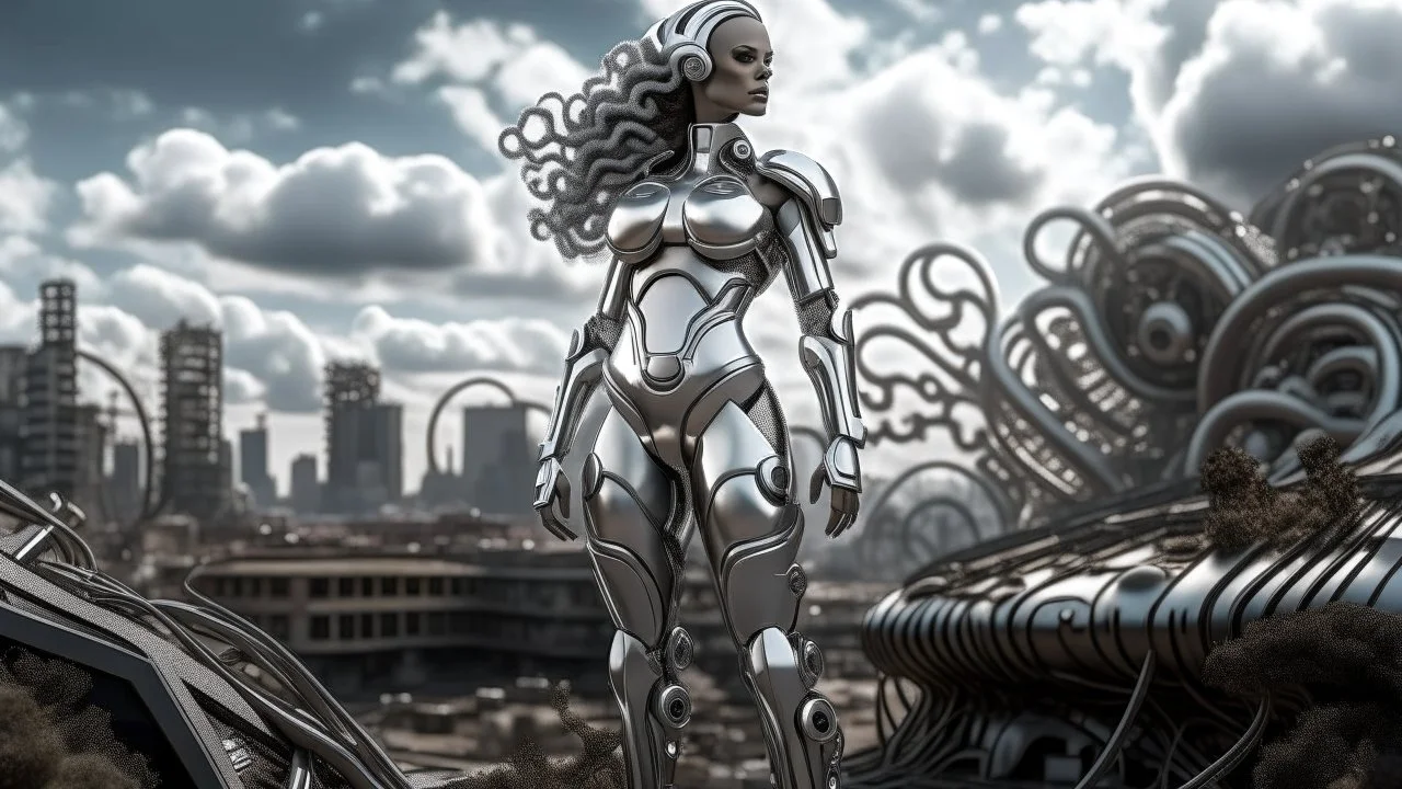 three-quarter view of a woman in a silver robotic catsuit standing in a futuristic derelict city with mushrooms with tentacles, floating in the sky