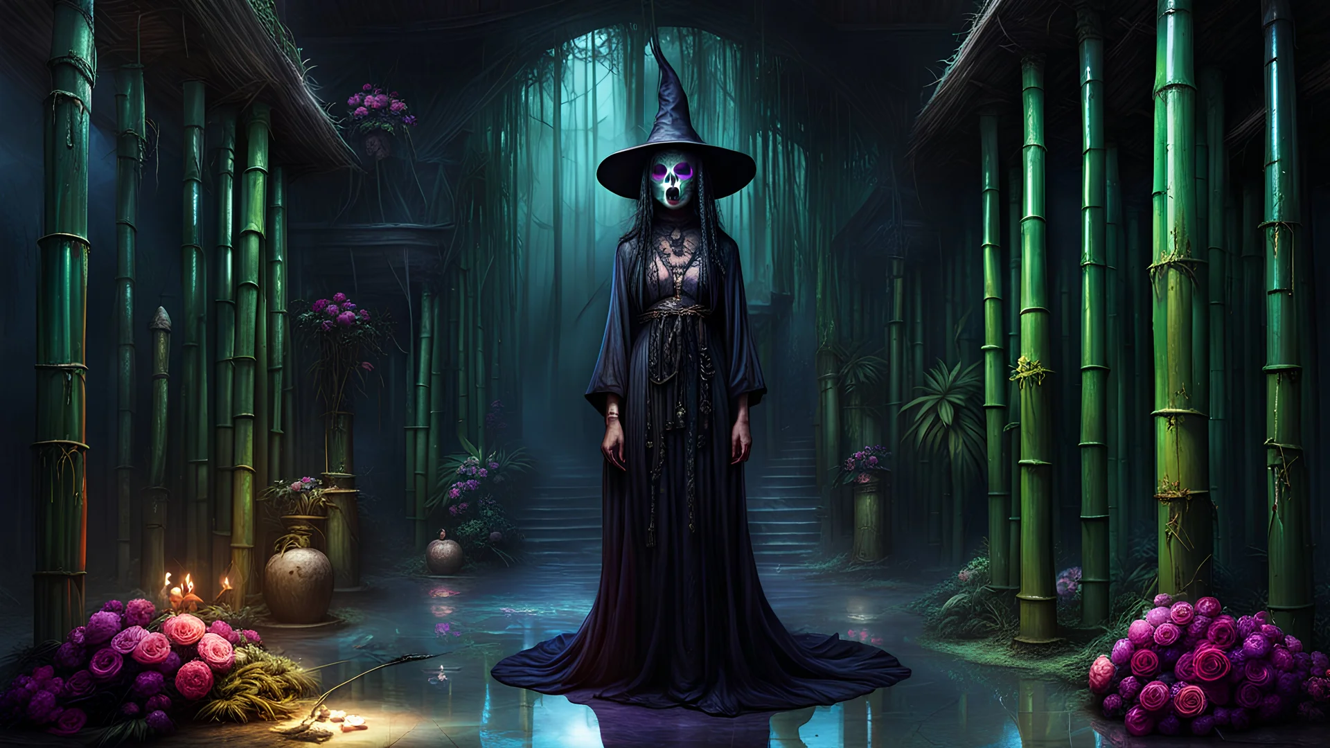 full-body shot of an insatiably evil black opal iridescent pearlescent dark witchy bamboo island apothecary room, eerie, witchy art on walls, flowers hanging from marble bamboo columns, colorful macabre, Dariusz Zawadzki art style, liminal spaces, horror art, dark gaming background, wet, glossy, horror art, trypophobia, eerie, intricate details, HDR, beautifully shot, hyperrealistic, sharp focus, back lit, 64 megapixels, perfect composition, high contrast, cinematic