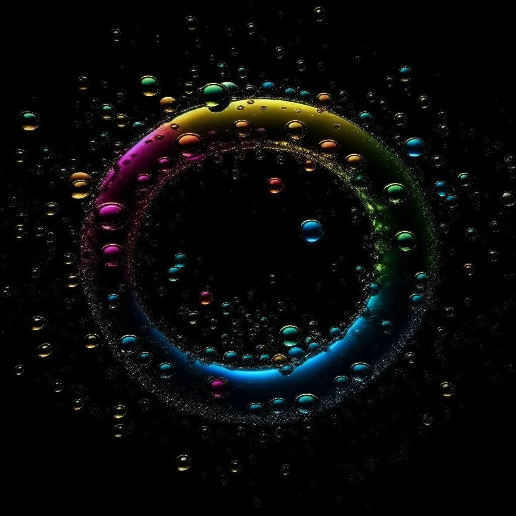 circle of waterdrops, dark romantic and colourful atmosphere,