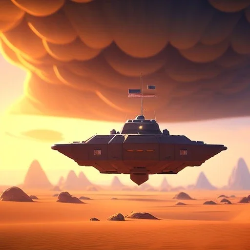 octane render volumetric desert environment, Ralph McQuarrie style painting of an armored hovercraft with cannon, floating in the air, highly detailed, minutiae, clouds, storm, renderman, duststorm at sunrise