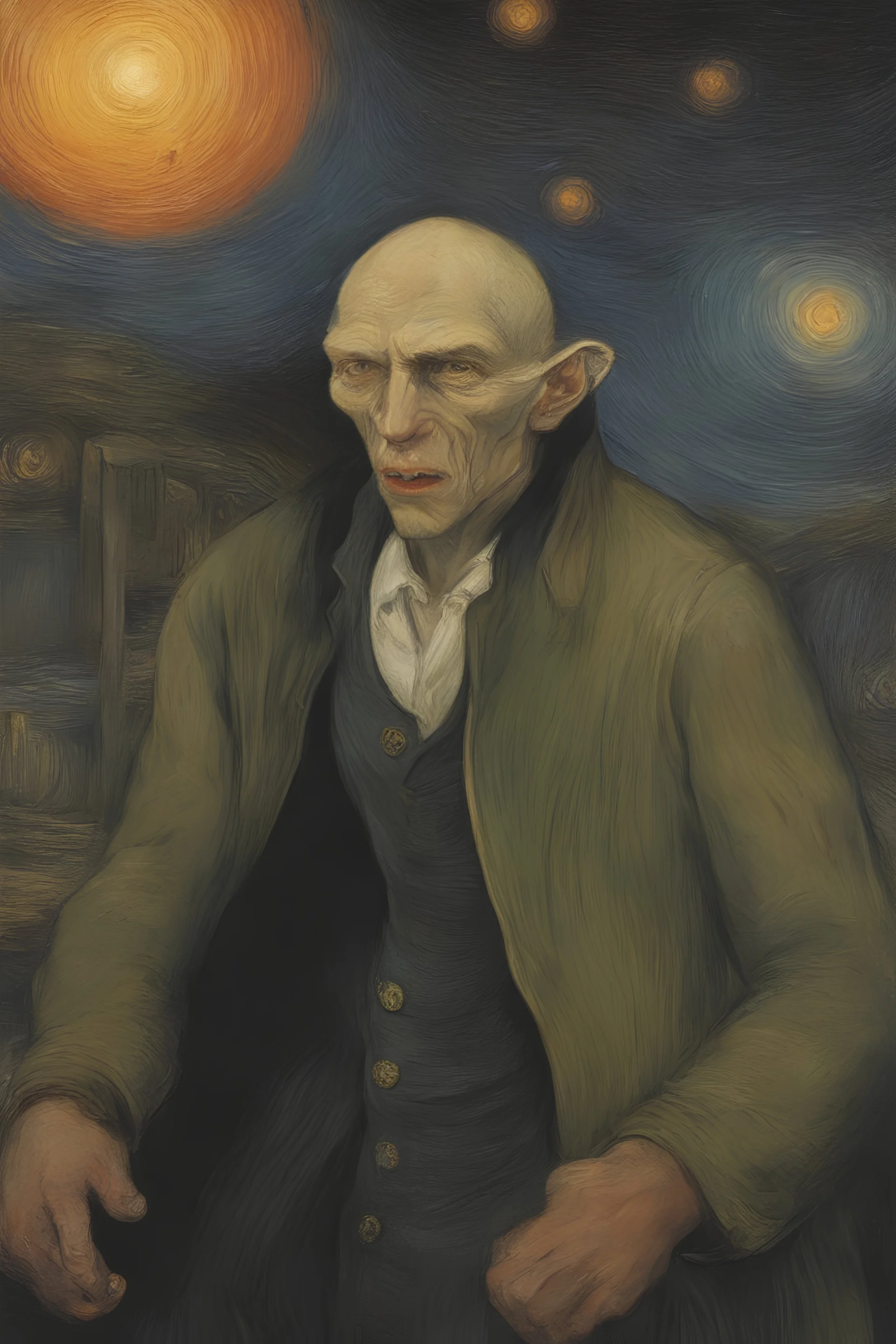 oil painting by Vincent van Gogh - a vampire, male, A horribly ugly, putrid and disgusting, revolting and deformed, yong, nosferatu, detailed, horrific ulcers, dark room, hood, scars, black track suit, scab, black hair has taken over earth - Sun flares, sunbursts -well-lit, UHD, 1080p, professional quality, 8 x 10 photograph - a colorful gradated multicolored, dark red and light red background