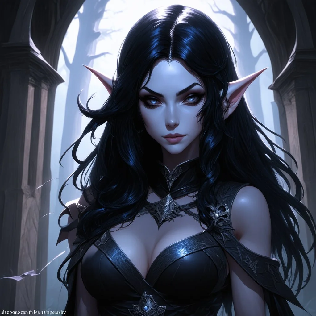 drow elf woman, sorceress, dark hair, digital art, dark fantasy