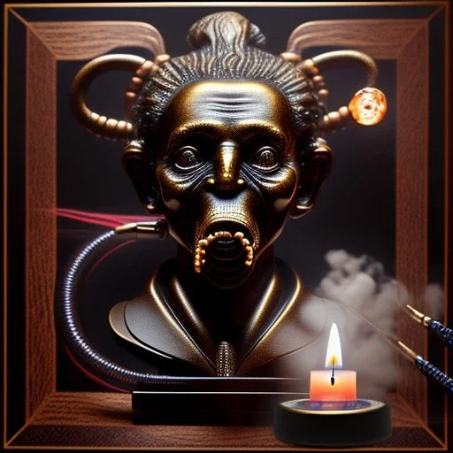 bronze bust of ghostbuster choking a living ant, ancient, magic,on dark wooden piano with drinking glass,compass,brilliance, candle, obsidian coin, movie poster