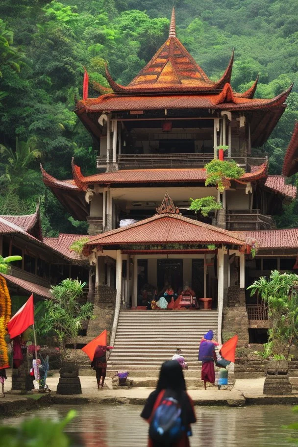 Fantasy place of Happy Torajan people in front of Tongkonan house celebrating something