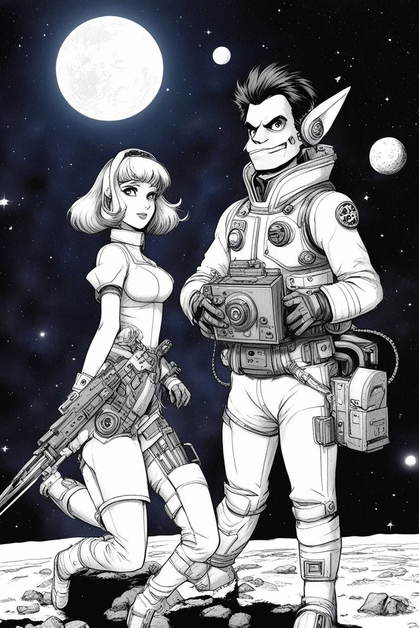 [art by Marcel Gottlieb, (aka Gotlib)] studygirl and fussel in space! fussel "SPACE, so wide ma eyes reachn´. are there any videogames on this ship?" mind the zombiedude, he´s taken from a chinese/hongkong comicbook called "robot caught the vampire at night", but the original is doper! can you find UATU?