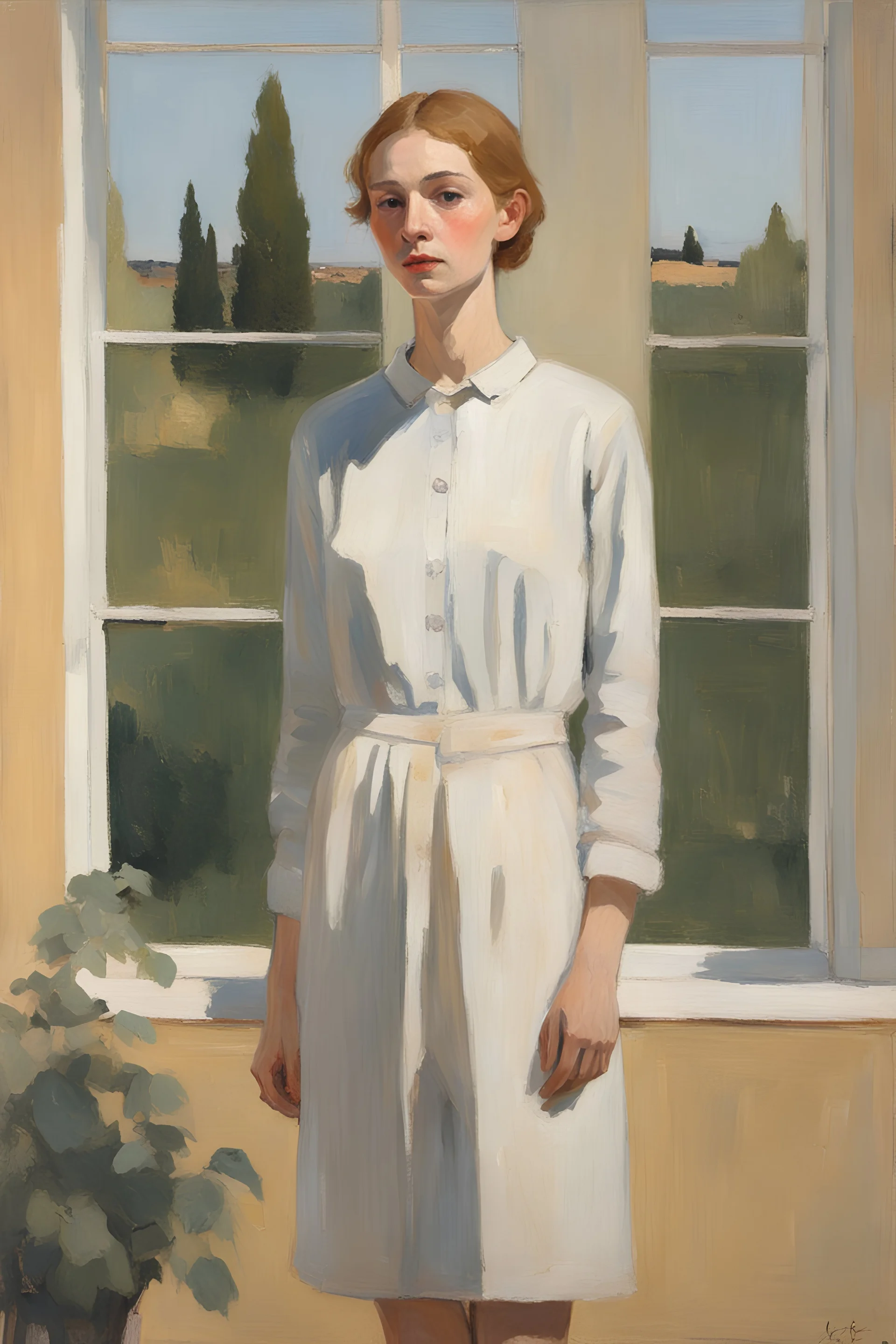 Full body portrait in Maria Lassing-Euan Uglow oil painting wanderlast woman face fashion in a garden with sunlight from the right. window in background