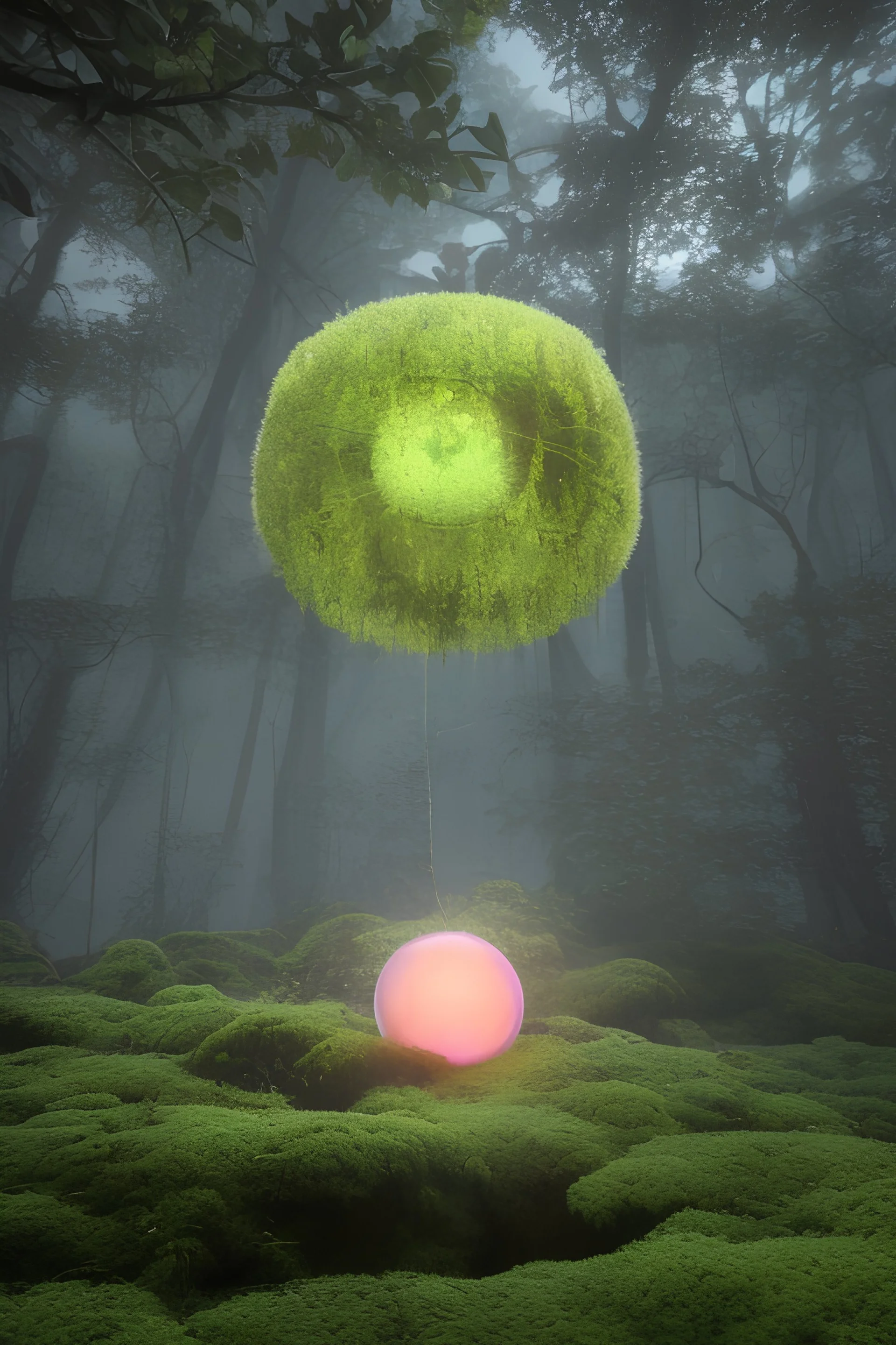 floating suspended translucent glowing orb above pedestal, misty, inside overgrown moss vines labrotory, sacred geometry object inside translucent floating orb, aura foggy mist, tesseract, purple, green, gold