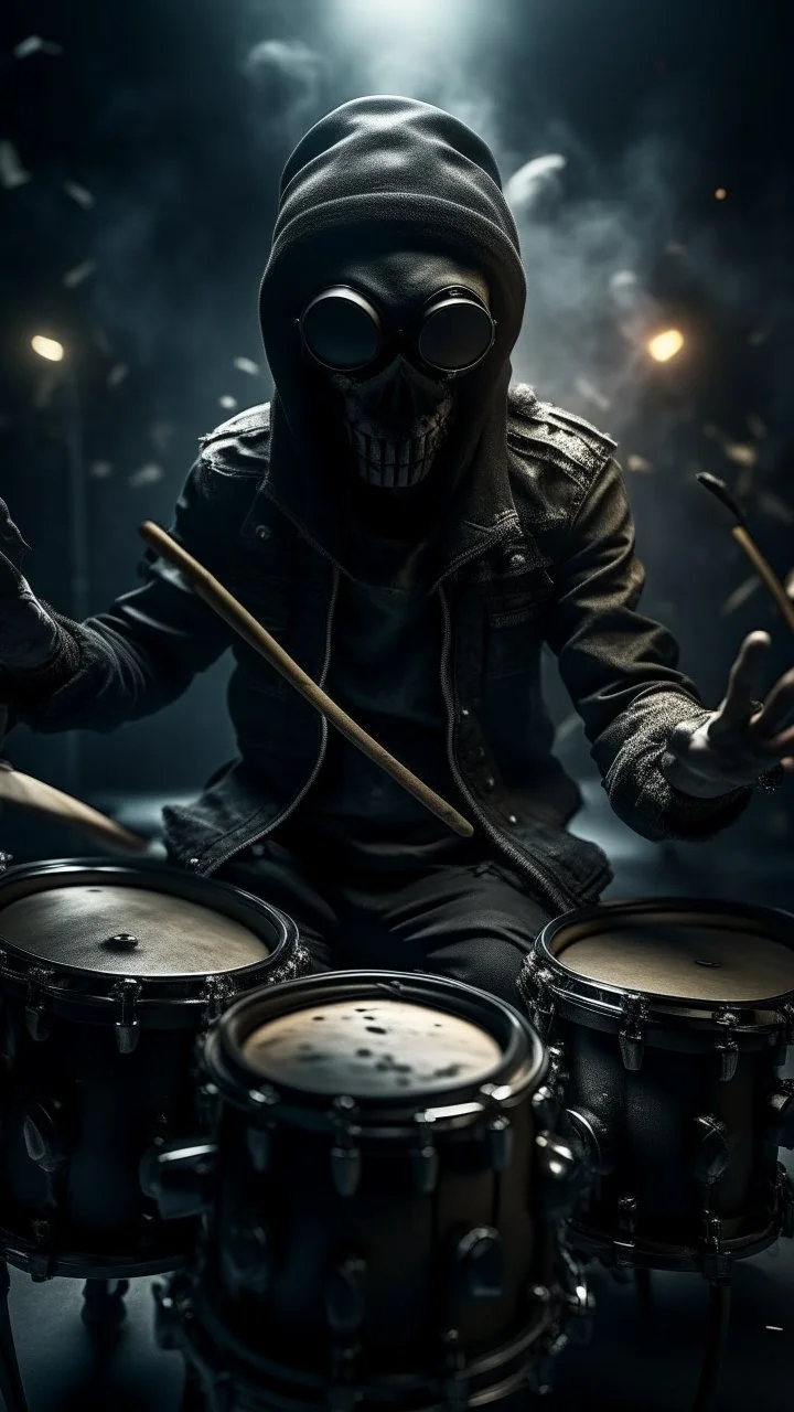 A drummer playing the drums his hands are up ,wearing gas masks, they are tied to their musical instruments ,surrealism of the dark of a nightmare ten miles high and six foot deep, hyper photorealistic, hyper detailed dark art color, high resolution, fog, octane render, tilt shift, HDRI Environment, all pictures dark gray