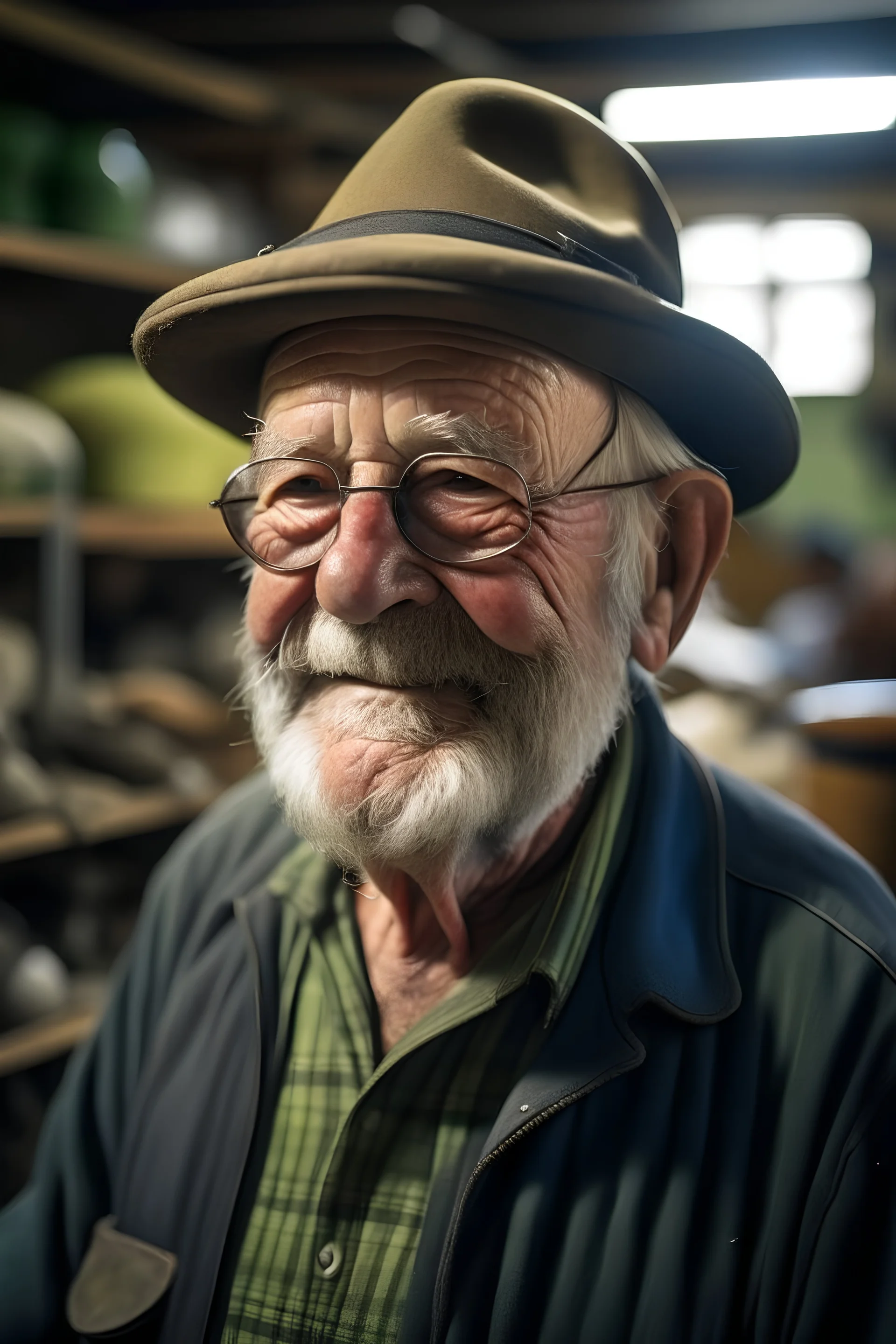 Un retrato de un anciano con un sombrero de pesca y lentes oscuros en un taller mecánico