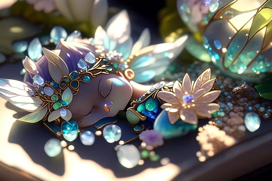 closeup, cute chibi sleeping fairy, Coloured glass flowers set with gemstones, glittering metal stems and gemstone leaves on a room table sharp focus elegant extremely detailed intricate very attractive beautiful dynamic lighting fantastic view crisp quality exquisite detail in the sunshine gems and jewels