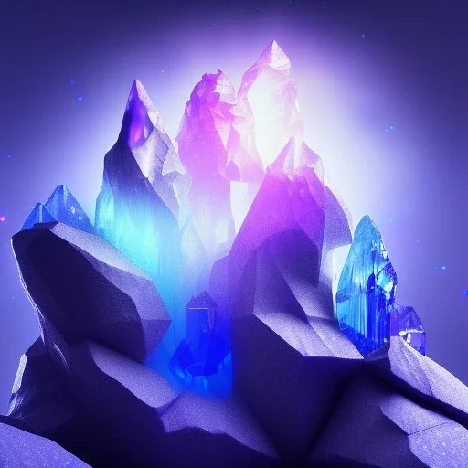 photograph of a (one massive colorful crystal:1.2) growing out of the rocky mountain, (focus on crystal:1.2), 4k, 8k, (highly detailed), ((landscape)),(translucent crystal:1.1), light going trough the crystal, bokeh, chromatic aberration, mountain view, blue and pink background