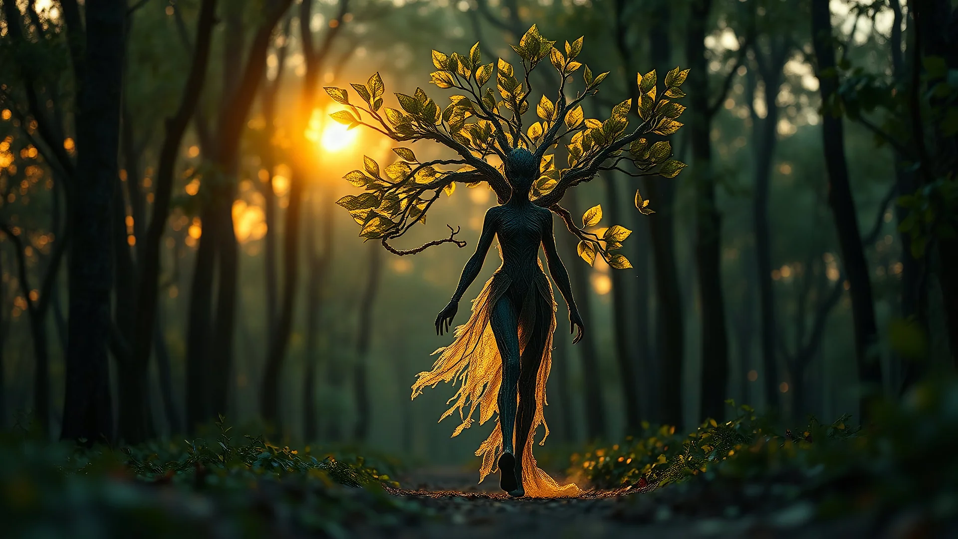 photoreal ultra realistic full body shot of the forever forward walking a beautiful girl translucent alien sylvan tree warrior morphing and changing to leaves while walking from the forest glade at glowing dawn, otherworldly creature, in the style of fantasy movies, photorealistic, bokeh masterpiece smooth shading, ultra detailed, high resolution, cinematic, unreal 6, subtle shadows, octane render, 8k, cinema 4d, HDR, dust effect, vivid colors