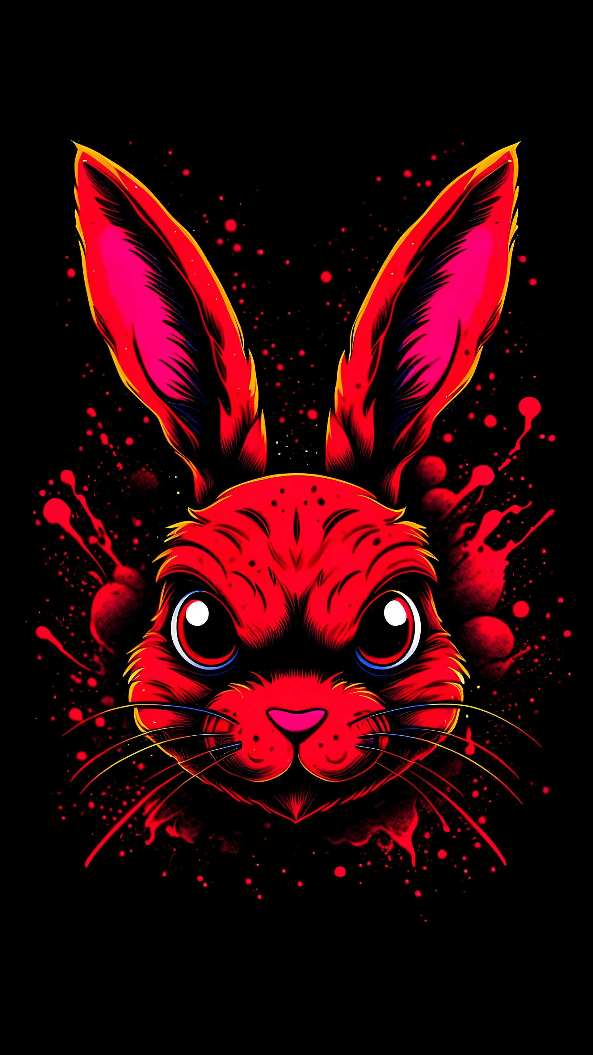 A detailed illustration face evil ninja rabbit,magic, t-shirt design, red color , dark magic splash, dark, ghotic, t-shirt design, in the style of Studio Ghibli, pastel tetradic colors, 3D vector art, cute and quirky, fantasy art, watercolor effect, bokeh, Adobe Illustrator, hand-drawn, digital painting, low-poly, soft lighting, bird's-eye view, isometric style, retro aesthetic, focused on the character, 4K resolution, photorealistic rendering, using Cinema 4D