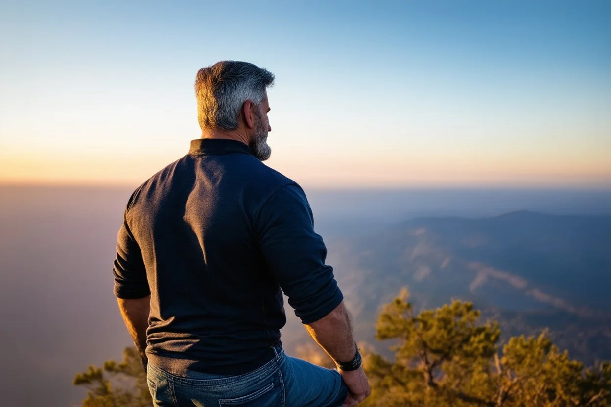 a brawny man with grey hair views sunset from a cliff