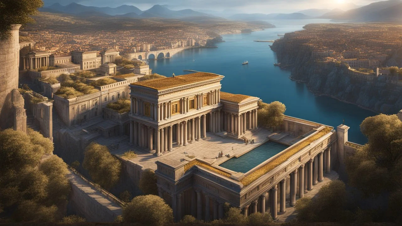 a roman city divided by a river next to the ocean. seen from a hill. perfect symmetry. marble and gold. fantasy. exquisite realism, a masterpiece, dark fantasy concept art, dynamic lighting, hyperdetailed, intricately detailed, deep color, Unreal Engine, volumetric lighting