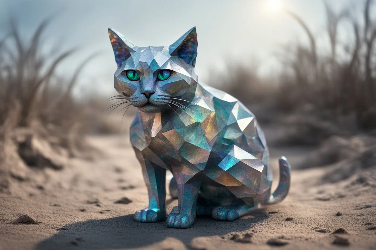 Low-resolution blurry shot of a dull crystal sculpture in the shape of cat discarded on a barren dirt path The sculpture is chipped and cracked with iridescence colors The background is a dull gray and there is sunlight to create vibrant effects The overall image is bleak and depressing suggesting the end of spring and the absence of hope Weight:1 detailed matte painting deep color fantastical intricate detail splash screen complementary colors fantasy concept art 8k resolution Unreal Engine 5