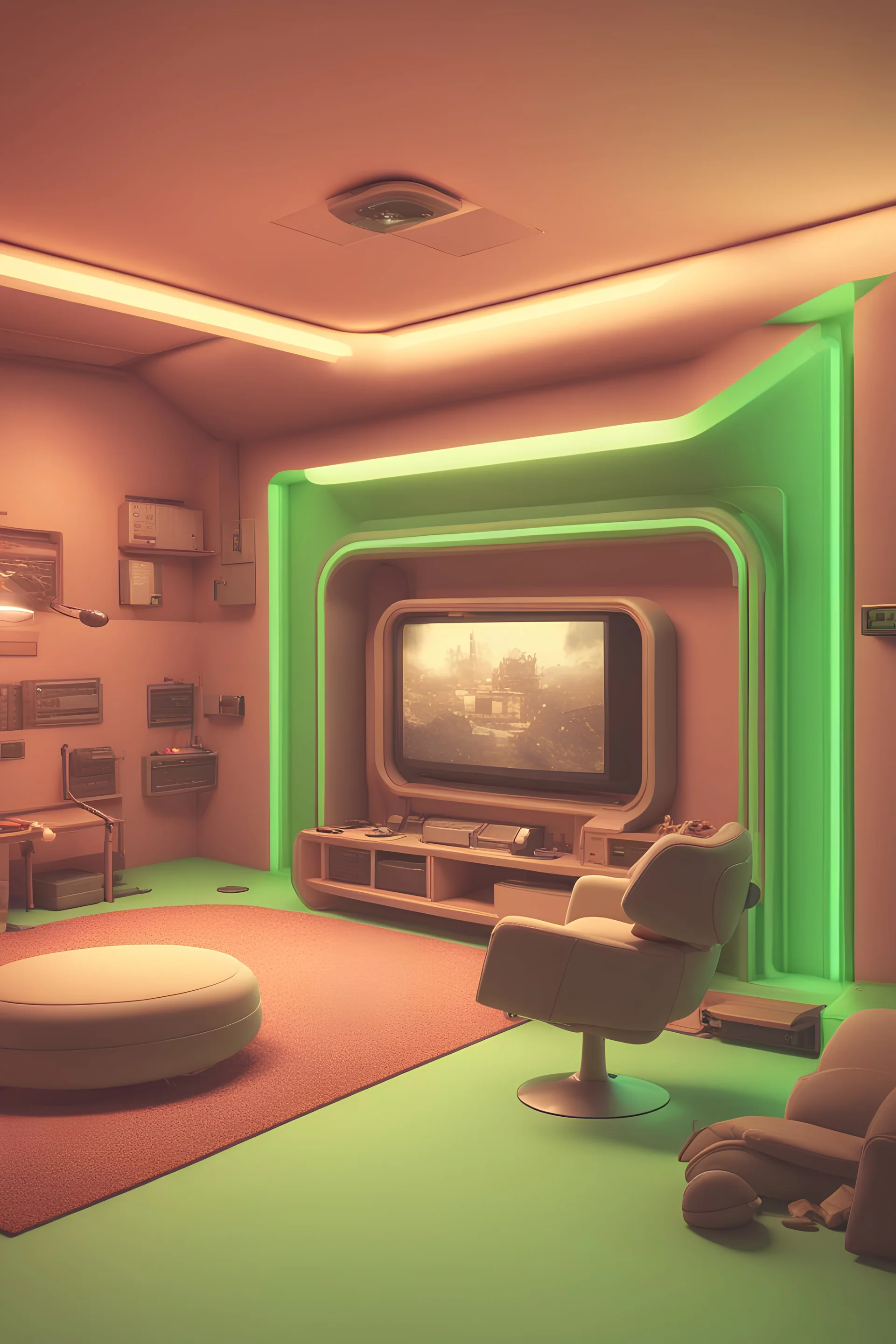 scene of a big cozy underground survival bunker with round blast door, pistachio-colored walls, recreation zone, 80s aesthetic, big tv, VR headsets, videogame consoles, board games, cozy chair, bright accent lighting, cinematic, octane render, rim light