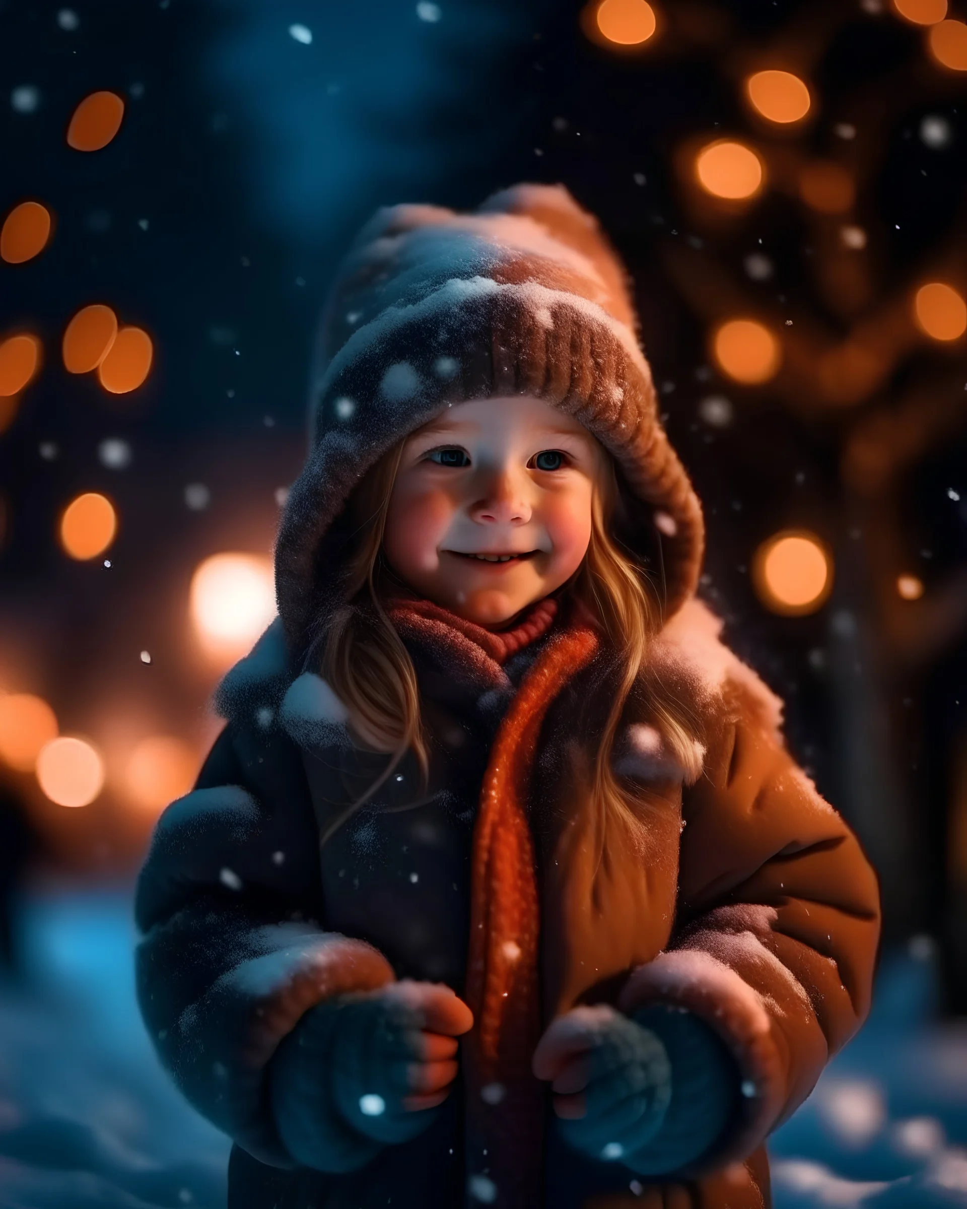 Little girl with christmas lights enjoying the holidays outdoors in snowfall. Happy cute child girl playing with Chistmas festive lights. digital ai