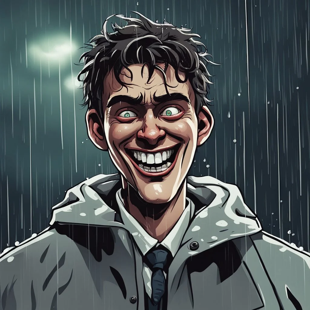 a closeup of a psychopathic young man with white eyes in a heavy coat during a rainstorm laughing cartoon