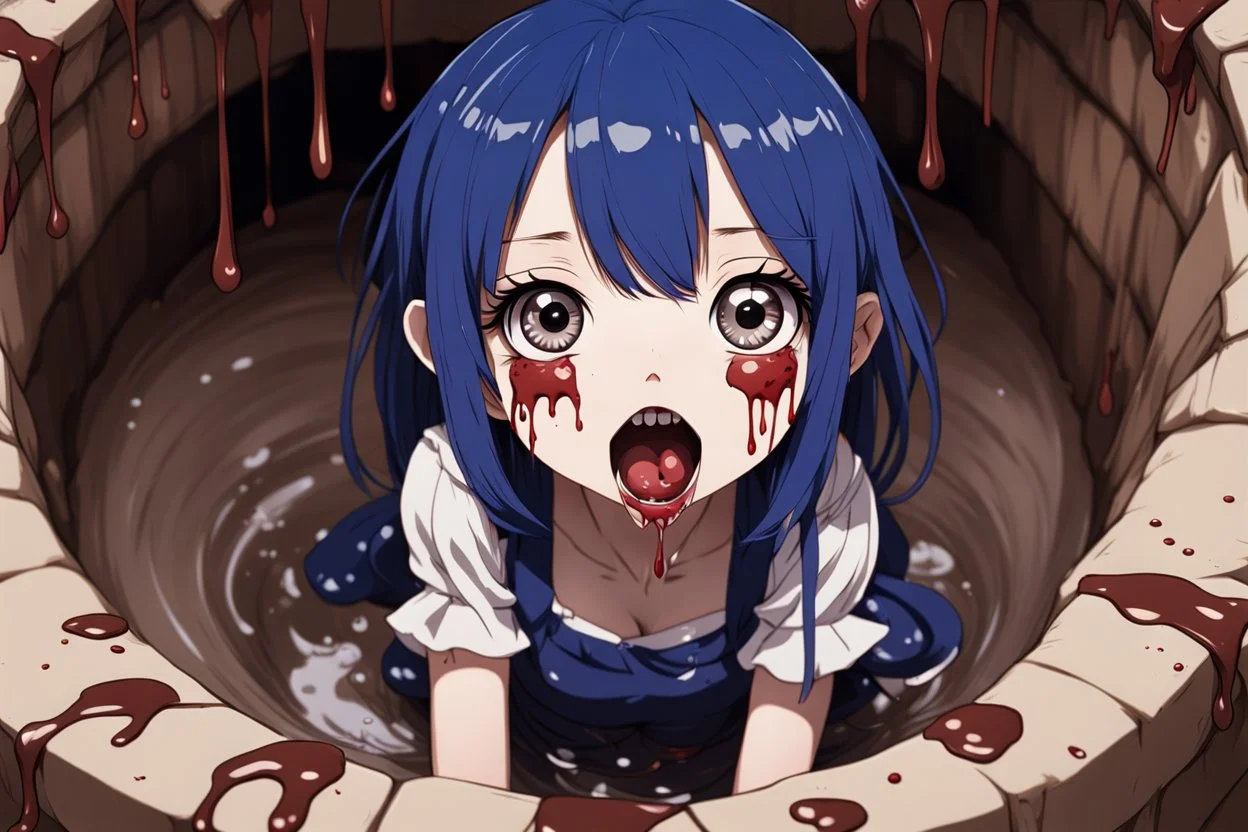 Anime girl with big eyes, darkblue and sepia tones, fullbody, slime, the perspective looking up from the bottom of an empty well, rolling eyes, tongue out, blood drip, open mouth,