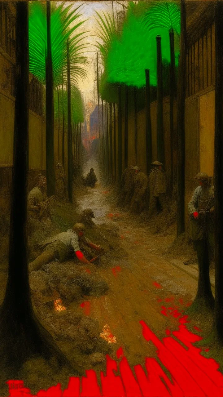 from inside a trench from the first world war traced between the remains of coconuts, in the background a brutal war rages, small and colorful cyberpunk creatures swarm through the floor and air, agony and despair in front of the final battle in the style by Hector Guimard