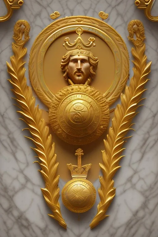 Ultra Realistic image, Roman sculpture, clean white marble material, Lionel Messi, gold Laurel leaves wreath, god crown, renaissance ornaments, one gold star in heart, sun ornament, sun rays background, chisel style, waist up portrait, emperor style, epic, celestial, cinematic lighting, God light, god rays, 4k resolution, smooth details, ornate details, soft lighting, unreal engine 5, art station, substance 3d.