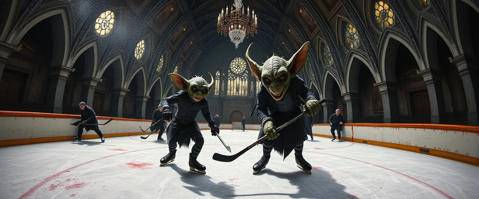 pin hole cam, master oil painting by Rembrandt, d&d glam rock and glitter vampire gremlin illithid and lich playing hockey in ice skating hall or church, in the style of giger and escher