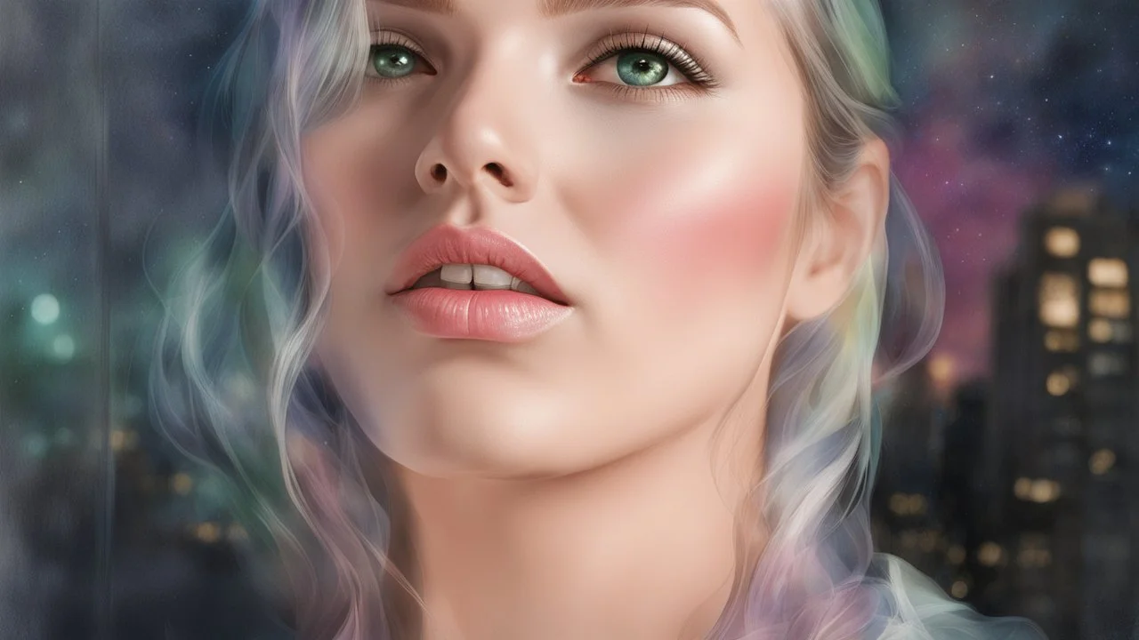 woman, night, city, watercolor, glow, transparency, lumen, professional photo, 3d, 64k, high resolution, high detail, computer graphics, hyperrealism, f/16, 1/300 s. highly detailed digital painting, double exposure, colors: white, silver, gray, delicate pink, delicate green, delicate blue, beige, delicate lace, pastel photorealistic painting, watercolor, tenderness, pastel,