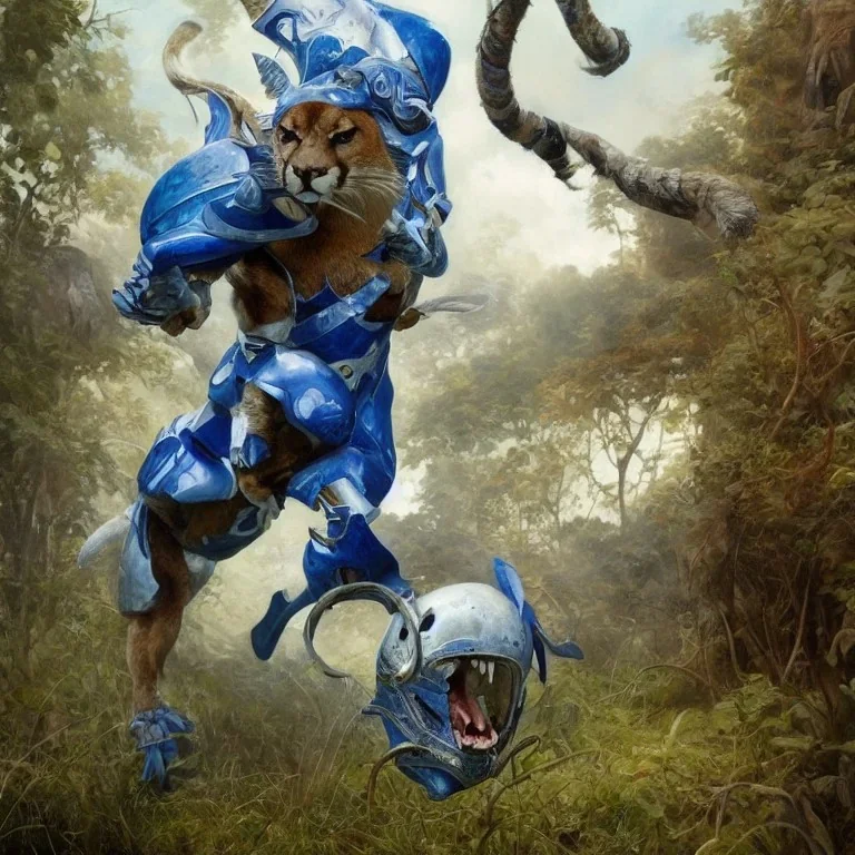 A Fantasy painting of an angry cougar in full blue and white armor, Inka jungle background, American football on ground, highly detailed, digital painting, Artstation, concept art, matte, sharp focus, illustration, dramatic, art by artgerm and greg rutkowski and alphonse mucha