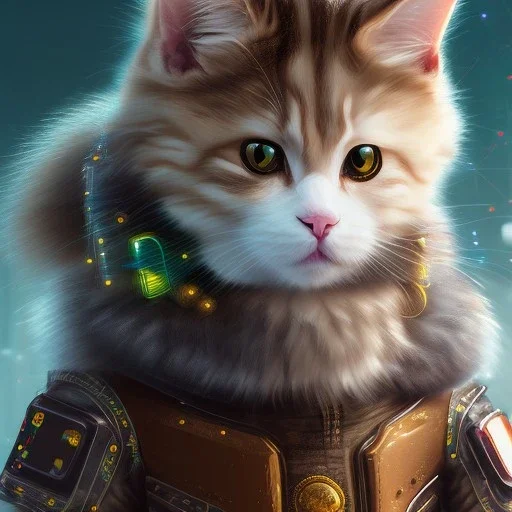 Cyberpunk Portrait of cyborg cat child with brown hair and with cute face, north pole snowy vibe , perfect composition, hyper realistic, super detailed, 8k, high quality, trending art, trending on art station, sharp focus, studio photo, intricate details, highly detailed, by Greg outskirt