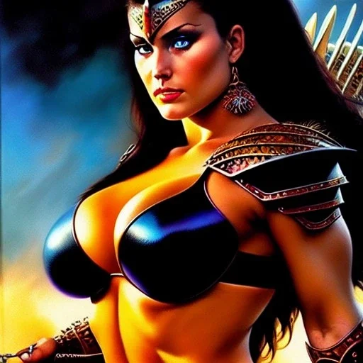 portrait oil on canvas,beautiful busty Female Warrior, minimal armor,comic book cover, mystical colors,insanely detailed,realistic,intrincate detail,crystal clear eyes, 16k resolution, masterpiece,Simon Bisley,Frank Frazetta,Alex Horley,ARTHUR ADAMS