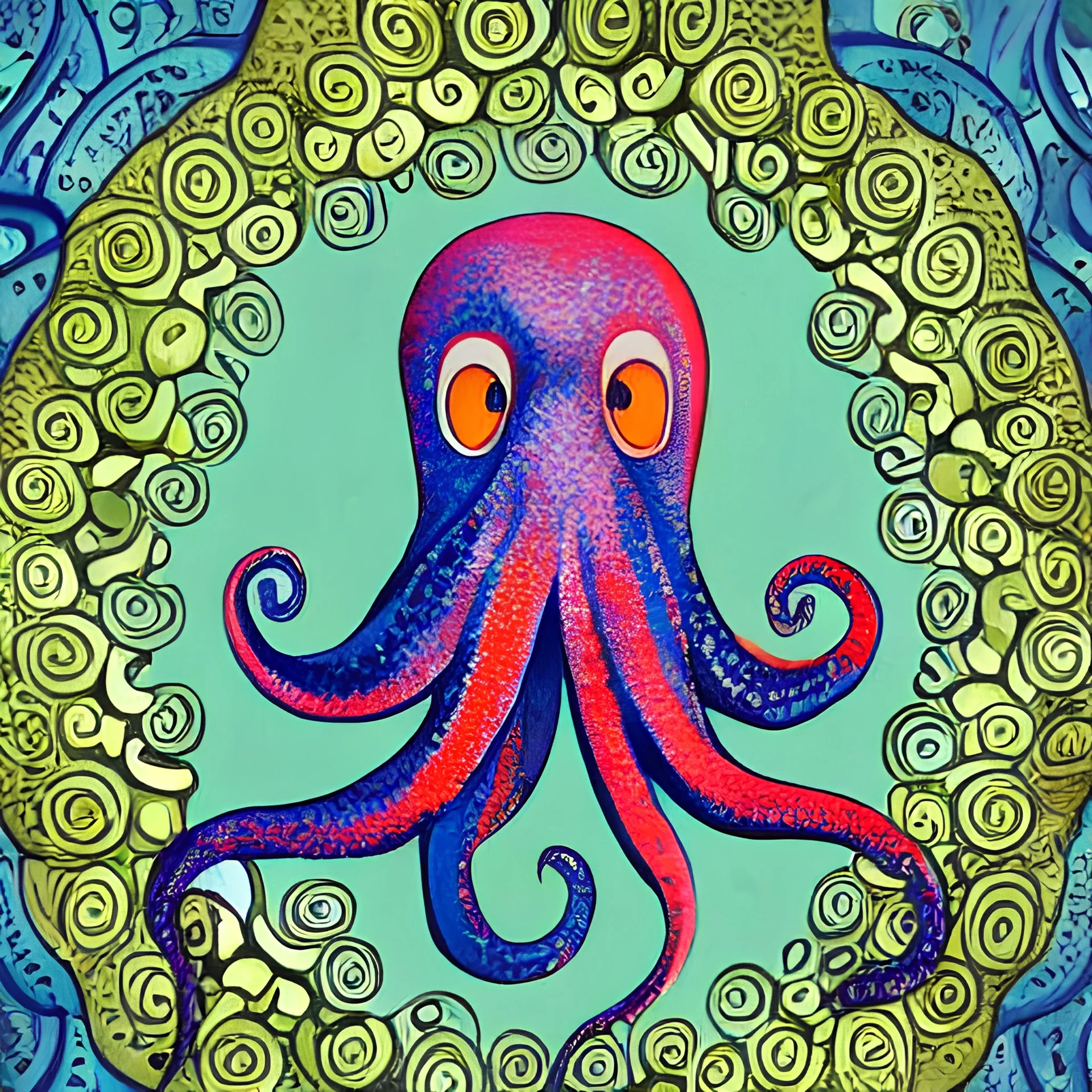 Cute friendly beautiful octopus symmetrical in center, in background algae and starfish, modern painting